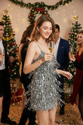 Silver Sequin Fringe Tiered Mini Party Dress